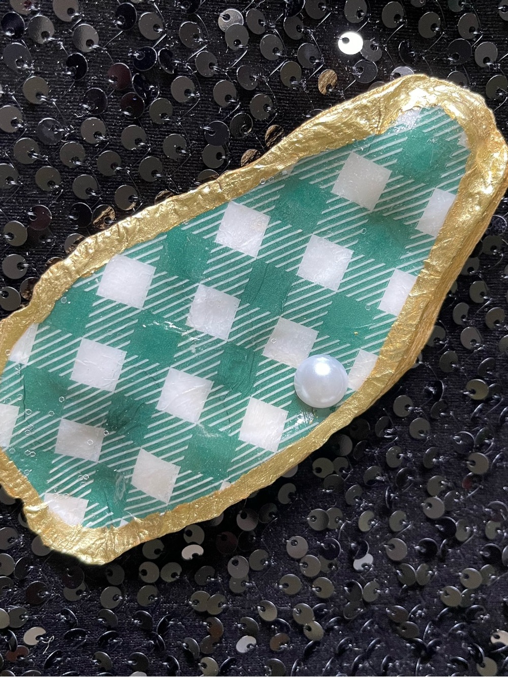 Green Plaid Trinket Tray w/Pearl Accent